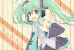  1girl blush detached_sleeves green_eyes green_hair haruki_5050 hatsune_miku long_hair looking_at_viewer necktie open_mouth skirt smile solo twintails very_long_hair vocaloid 