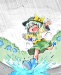  1girl blue_rose bow closed_eyes cloudy_sky flower hat hat_bow highres komeiji_koishi long_sleeves open_mouth outstretched_arms rain raincoat rose rubber_boots running_away shinapuu shirt silver_hair skirt smile solo splashing third_eye touhou wide_sleeves 