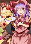  1girl bat_wings cake dress food fork hat kan_lee pudding purple_hair red_eyes remilia_scarlet short_hair smile solo touhou wings wink 