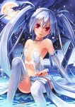  1girl bare_shoulders blue_hair blush elbow_gloves fang full_moon gloves hair_ribbon long_hair looking_at_viewer moon original panties red_eyes ribbon sitting small_breasts smile solo taletale thighhighs twintails underwear vampire water white_legwear 