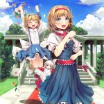  3girls alice_margatroid alice_margatroid_(pc-98) arms_up blonde_hair blue_dress blue_eyes blue_sky bouquet building capelet child closed_eyes clouds culter doll dress flower hair_bobbles hair_flower hair_ornament hairband jumping multiple_girls one_side_up open_mouth red_dress sash shinki shirt short_hair silver_hair skirt sky smile stairs suspenders touhou touhou_(pc-98) tree veil violet_eyes wedding_dress young 