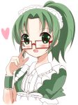  1girl alternate_costume apron bespectacled enmaided glasses green_eyes green_hair haru_(nature_life) heart maid maid_headdress midorikawa_nao open_mouth ponytail precure short_hair short_sleeves smile smile_precure! solo 