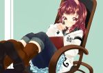  1girl boots brown_eyes brown_hair chair havemoon jacket mechanical_pencil pants pencil short_hair skirt smile solo 