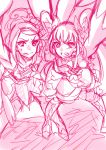  2girls arms_up battle clenched_teeth cure_rosetta cure_sword dokidoki!_precure double_bun kenzaki_makoto monochrome multiple_girls namurokku pink precure serious short_hair sketch yotsuba_alice 