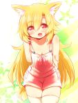  1girl akane_(naomi) alternate_costume animal_ears arms_behind_back bare_shoulders blonde_hair fox_ears fox_tail long_hair looking_at_viewer naomi_(sekai_no_hate_no_kissaten) no_shirt open_mouth original overalls red_eyes smile solo tail thigh-highs very_long_hair white_legwear 