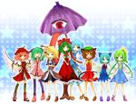  &gt;_&lt; :d ;p aps50217 bowtie chen cirno crossed_arms daiyousei highres kagiyama_hina karakasa_obake kasodani_kyouko microphone mizuhashi_parsee mystia_lorelei open_mouth raised_hand smile standing star tatara_kogasa tongue touhou umbrella wink xd 