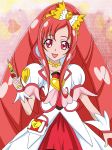  1girl bow brooch choker cure_ace dokidoki!_precure dress hair_bow highres jewelry lipstick long_hair magical_girl makeup masako_(sabotage-mode) pink_background precure red_eyes redhead smile solo wand wrist_cuffs 