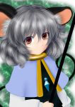  1girl animal_ears bust capelet close-up dowsing_rod dress frown green_background grey_hair highres jewelry long_sleeves looking_at_viewer morino_hukurou mouse_ears mouse_tail nazrin pendant red_eyes short_hair solo tail touhou 