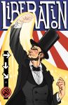 abraham_lincoln america american_flag beard bowtie buttons clenched_hands daniella_mccole dress_shirt eyebrows facial_hair hat highres long_coat parody shirt shouryuuken solo street_fighter thick_eyebrows top_hat uppercut 