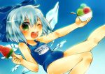  1girl ;d blue_eyes blue_hair bow bowl cirno food fruit glass green_eyes hair_bow highres ice ice_cream ice_wings open_mouth popsicle ribbon school_swimsuit short_hair sketazusa smile solo spoon swimsuit touhou watermelon wings wink 