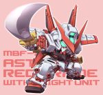  character_name chibi fighting_stance gundam gundam_astray_red_frame gundam_seed gundam_seed_astray katana king_of_unlucky looking_at_viewer mecha no_humans pink_background reflection sheath simple_background solo sword weapon 