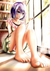  1girl barefoot dress feet highres legs panties purple_hair sairenji_haruna short_hair sitting solo to_love-ru to_love-ru_darkness toes underwear violet_eyes window 