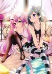  2girls backlighting bed black_hair black_legwear blue_eyes bow curtains detached_sleeves dress emanuella_porlallora frilled_legwear hair_bow hentai_ouji_to_warawanai_neko highres kaho_okashii knees_together_feet_apart knees_up lace lace-trimmed_thighhighs legs multiple_girls pink_hair sitting sleeveless striped striped_legwear tagme thigh-highs tsutsukakushi_tsukiko white_legwear window yellow_eyes 