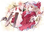  1girl adapted_costume blonde_hair boots bow cierra_(ra-bit) cross-laced_footwear dress fang flandre_scarlet flower hand_in_hair hat hat_bow knee_boots laevatein open_mouth puffy_sleeves red_dress ribbon short_sleeves side_ponytail solo touhou wings 