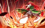  1girl black_gloves blue_eyes braid breasts broken_ground chinese_clothes fighting_stance fingerless_gloves gloves hat highres hong_meiling large_breasts long_hair nekominase open_mouth pants_under_skirt redhead shirt short_sleeves skirt skirt_set solo star touhou twin_braids very_long_hair 