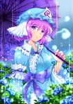  1girl breasts flower hat highres hitodama japanese_clothes makumaxu oriental_umbrella pink_hair rain ribbon saigyouji_yuyuko sash short_hair touhou triangular_headpiece umbrella violet_eyes 