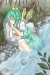  1girl ascot bare_legs barefoot daiyousei fairy_wings feet_in_water grass green_hair hands_on_own_face hands_together hikaru_(zurahenntai) knees_up leaf outdoors parted_lips puffy_short_sleeves puffy_sleeves rock short_hair short_sleeves side_ponytail skirt skirt_set sleeping soaking_feet solo stream touhou tree water wings 