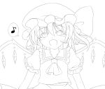  1girl :d absurdres ascot blush fang flandre_scarlet haruki_5050 hat hat_ribbon highres lineart looking_at_viewer monochrome musical_note open_mouth ribbon short_hair side_ponytail smile solo spoken_musical_note touhou wings 