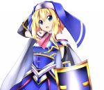  1girl alice_margatroid alternate_costume amano_kouki armor armored_dress ascot blonde_hair blue_eyes cape dress elbow_gloves gauntlets gloves highres nun open_mouth pauldrons shield short_hair solo touhou 