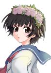  1girl black_hair brown_eyes flower gai hair_flower hair_ornament head_wreath school_uniform serafuku short_hair solo to_aru_kagaku_no_railgun to_aru_majutsu_no_index uiharu_kazari 