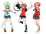  3girls absurdres animal_ears blush brown_hair cat_ears cat_tail character_request dodome-iro_mayonnaise green_hair highres looking_at_viewer multiple_girls open_mouth original sharon_(dodomayo) short_hair short_shorts shorts simple_background skirt smile tail white_background 