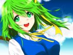  1girl bow breasts bust clouds daiyousei dress dress_shirt green_eyes green_hair hair_bow highres open_mouth ribbon s-ghost shirt short_hair side_ponytail sky smile solo touhou wings 