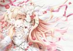  1girl ai_(creamcaramel) arm_over_head armpits blonde_hair doll_joints dress eyepatch flower frills gothic_lolita hand_on_another&#039;s_face kirakishou lolita_fashion long_hair lying open_mouth rose rozen_maiden solo_focus teeth vines wide_sleeves yellow_eyes 