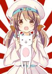  1girl brown_eyes brown_hair bust cat error_musume hair_ribbon hat kantai_collection long_hair open_mouth otoneha ribbon skirt smile solo twintails whiskers 