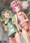  2girls ^_^ closed_eyes detached_sleeves green_hair hair_ornament headphones holding_hands komeiji_koishi komeiji_satori multiple_girls open_mouth pink_eyes pink_hair school_swimsuit short_hair siblings sisters smile swimsuit touhou yohane 