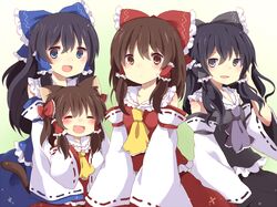  3535carrot 4girls alternate_color animal_ears ascot black_eyes black_hair blue_eyes blue_hair blush bow brown_hair cat_ears cat_tail child closed_eyes detached_sleeves fang hair_bow hakurei_reimu long_hair multiple_girls open_mouth player_2 smile tail touhou 