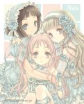  3girls blue_eyes brown_eyes brown_hair dress flower green_eyes hair_flower hair_ornament hair_ribbon hairband hug kotobuki-a multiple_girls original pink_hair ribbon smile tagme twintails 