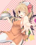  1girl ;d apron blonde_hair blush bowl flandre_scarlet food highres long_hair naked_apron noodles open_mouth outstretched_arm red_eyes side_ponytail smile solo star thigh-highs touhou tries white_legwear wings wink 