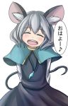  1girl alvis_(artist) animal_ears blush capelet closed_eyes grey_hair jewelry long_sleeves mouse_ears mouse_tail nazrin open_mouth pendant short_hair simple_background smile solo tail touhou translated white_background 