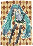  1girl aqua_eyes aqua_hair argyle argyle_background boots detached_sleeves hand_on_hip hatsune_miku headset long_hair looking_at_viewer minapusu necktie skirt smile solo thigh_boots thighhighs twintails very_long_hair vocaloid 