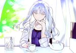 1girl caren_hortensia casual cup fate/hollow_ataraxia fate_(series) grey_hair long_hair one_side_up sexy44 side_ponytail silver_hair solo sugar_cube teacup teapot yellow_eyes 