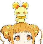  1girl :3 bear blush_stickers dokidoki!_precure double_bun face hirosuke looking_up orange_eyes orange_hair precure rance_(dokidoki!_precure) simple_background sitting sitting_on_head sitting_on_person white_background yotsuba_alice 