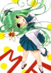  1girl :d blurry breasts depth_of_field green_hair looking_up mf_bunko open_mouth original school_uniform skirt smile tagme yadapot yellow_eyes 