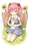  1girl ;d dress emanuella_porlallora flower hentai_ouji_to_warawanai_neko highres open_mouth orange_eyes pink_hair rabbit seedkeng seiza sitting smile sunflower tagme twintails wink wooden_fence 