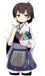  1girl :t black_legwear blush_stickers brown_eyes brown_hair eating food hakama ice_cream japanese_clothes kaga_(kantai_collection) kantai_collection looking_away muneate personification seed_teitoku short_hair side_ponytail solo spoon thighhighs 