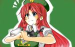  blue_eyes bow braid breasts bust clenched_hand fist_in_hand hair_ribbon hat hong_meiling long_hair redhead ribbon short_sleeves smile ten-eki touhou twin_braids 