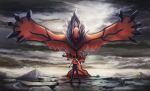  1boy baseball_cap blue_eyes claws clouds dekus flying hat highres horns looking_at_another monster mountain poke_ball pokemon pokemon_(creature) pokemon_(game) pokemon_xy red_(pokemon) rock solo tail wings yveltal 