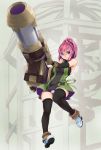  1girl afurichin bare_shoulders black_gloves black_legwear blue_eyes boots braid cannon daiba_kanon dress elbow_gloves gloves god_eater god_eater_burst gun highres huge_weapon long_hair panties pantyshot pink_hair ponytail smile solo thigh-highs underwear weapon white_panties 