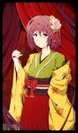  1girl absurdres artist_request blush curtains floral_print flower flower_on_head hieda_no_akyuu highres japanese_clothes kimono looking_at_viewer obi pen short_hair smile solo touhou wide_sleeves 