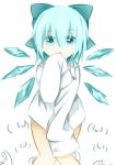  1girl :o blue_eyes blue_hair blush bow cirno dress_shirt hair_bow ice ice_wings katori_(quietude) long_sleeves looking_at_viewer naked_shirt oversized_clothes shirt short_hair sleeves_past_wrists solo touhou white_background wings 