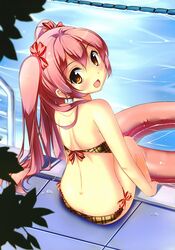  1girl bikini emanuella_porlallora hentai_ouji_to_warawanai_neko highres innertube kaho_okashii pink_hair plaid plaid_bikini pool poolside sitting solo swimsuit twintails water yellow_eyes 