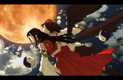  132 2girls arm_around_waist bare_shoulders black_hair black_wings brown_hair carrying detached_sleeves flying full_moon hakama hat japanese_clothes long_hair m.u.g.e.n moon multiple_girls nontraditional_miko original scar sendai_hakurei_no_miko shameimaru_aya short_hair skirt tengu tokin_hat touhou wings yin_yang 