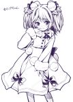  1girl bow dress hair_ornament hand_to_own_mouth monochrome oryou sketch smile solo twintails 