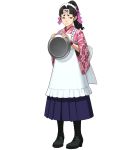  1girl absurdres apron black_eyes black_hair boots bracelet cross-laced_footwear eyebrows fingernails gyakuten_saiban hair_intakes high_heels highres holding japanese_clothes jewelry long_skirt long_sleeves looking_back maid_headdress official_art paw_print pigeon-toed platter ponytail shide shoes skirt solo standing tenma_yumemi thick_eyebrows transparent_background wavy_hair wide_sleeves 