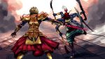  2boys armor battle blonde_hair blue_skin crossover cutlass_(sword) drawfag ea_(fate/stay_night) extra_arms fate/stay_night fate_(series) faulds final_fantasy final_fantasy_v gauntlets gilgamesh gilgamesh_(final_fantasy) multiple_boys muscle naginata namesake polearm red_eyes sextuple_wielding sword turban weapon 