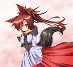  1girl animal_ears arm_hair breast_rest breasts brooch brown_hair collarbone desukingu fur gradient gradient_background holding_arm imaizumi_kagerou jewelry layered_dress light_smile looking_at_viewer messy_hair pink_background ponytail red_eyes solo tail touhou wolf_ears wolf_tail 